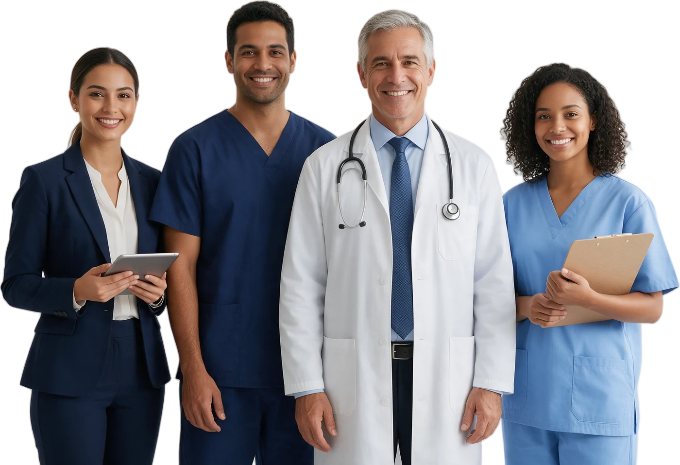 Recepcionista, enfermeiro, médico e assistente de enfermagem lado a lado
