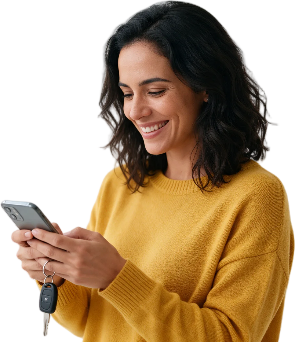 Cliente sorrindo enquanto conversa com o despachante pelo celular