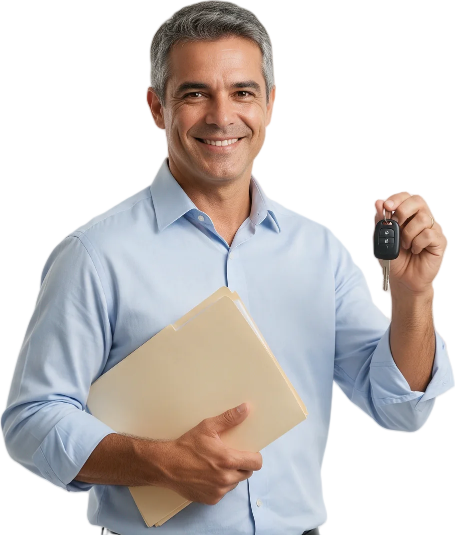 Despachante sorrindo, com uma pasta de documentos e a chave de um carro na mão