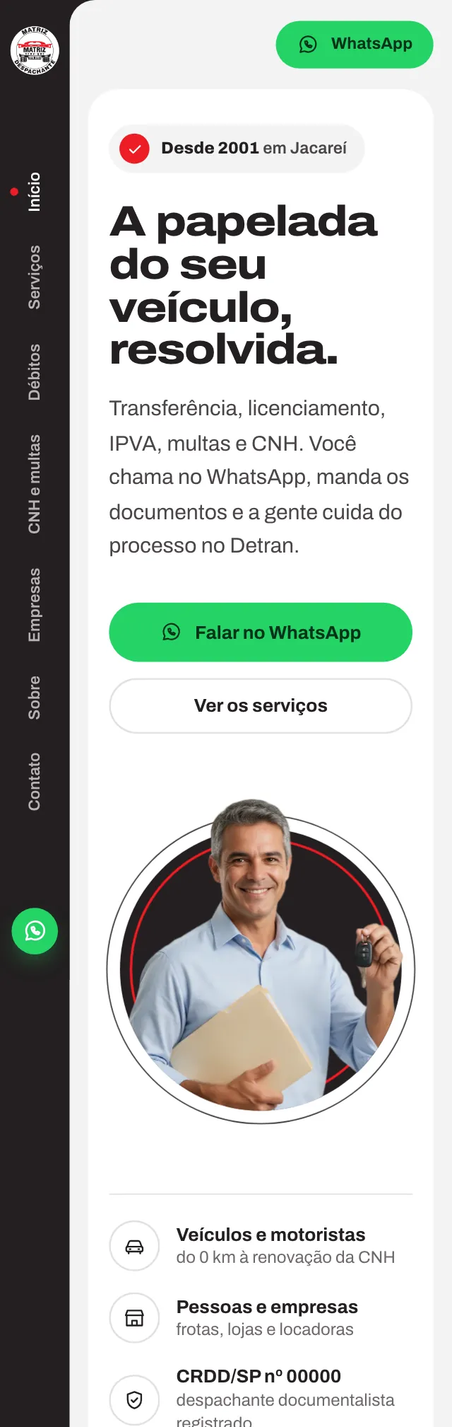 Tela do site Despachante Matriz no celular