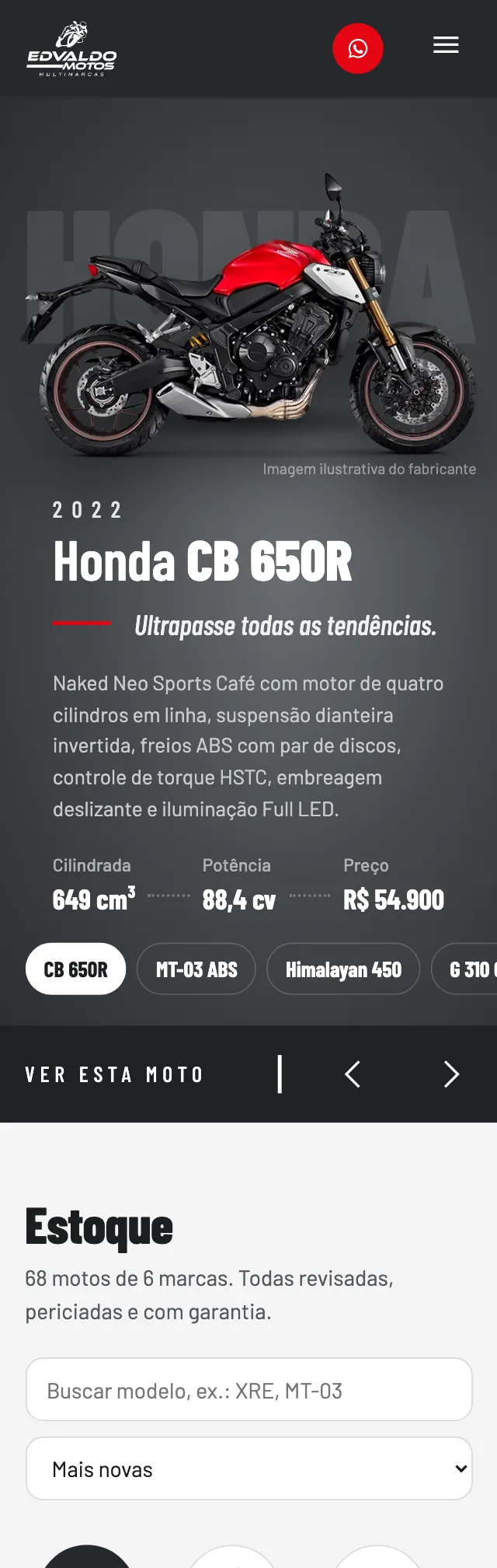 Tela do site Edvaldo Motos no celular