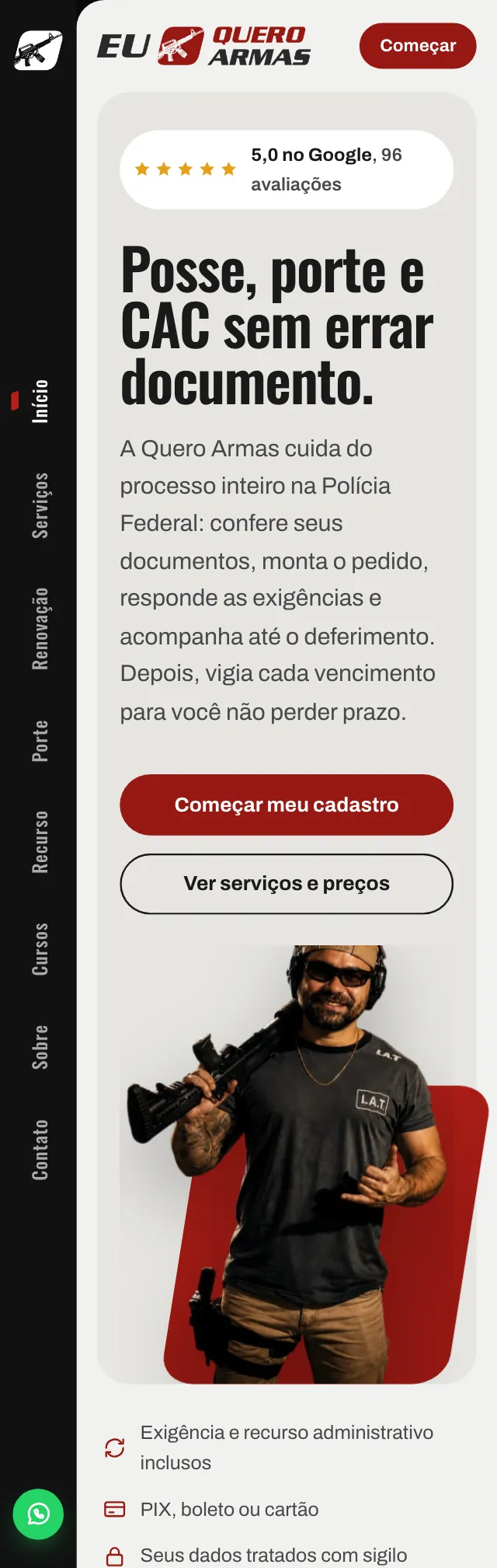 Tela do site Quero Armas no celular
